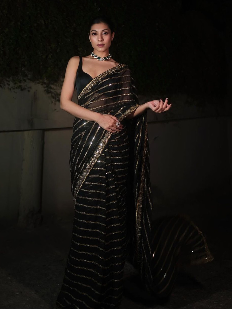 Black Color Georgette with Heavy Sequins Embroidery work Saree