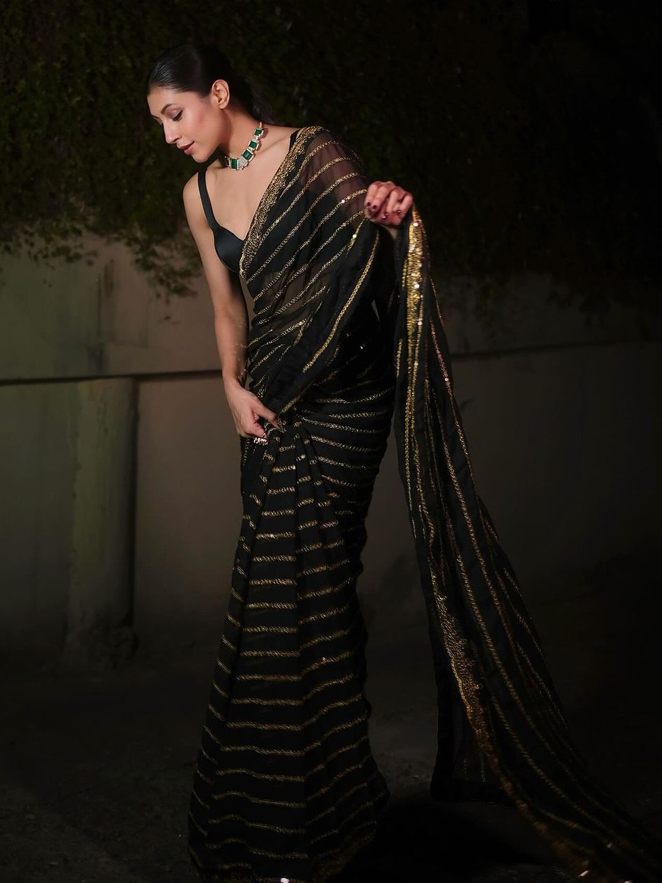 Black Color Georgette with Heavy Sequins Embroidery work Saree