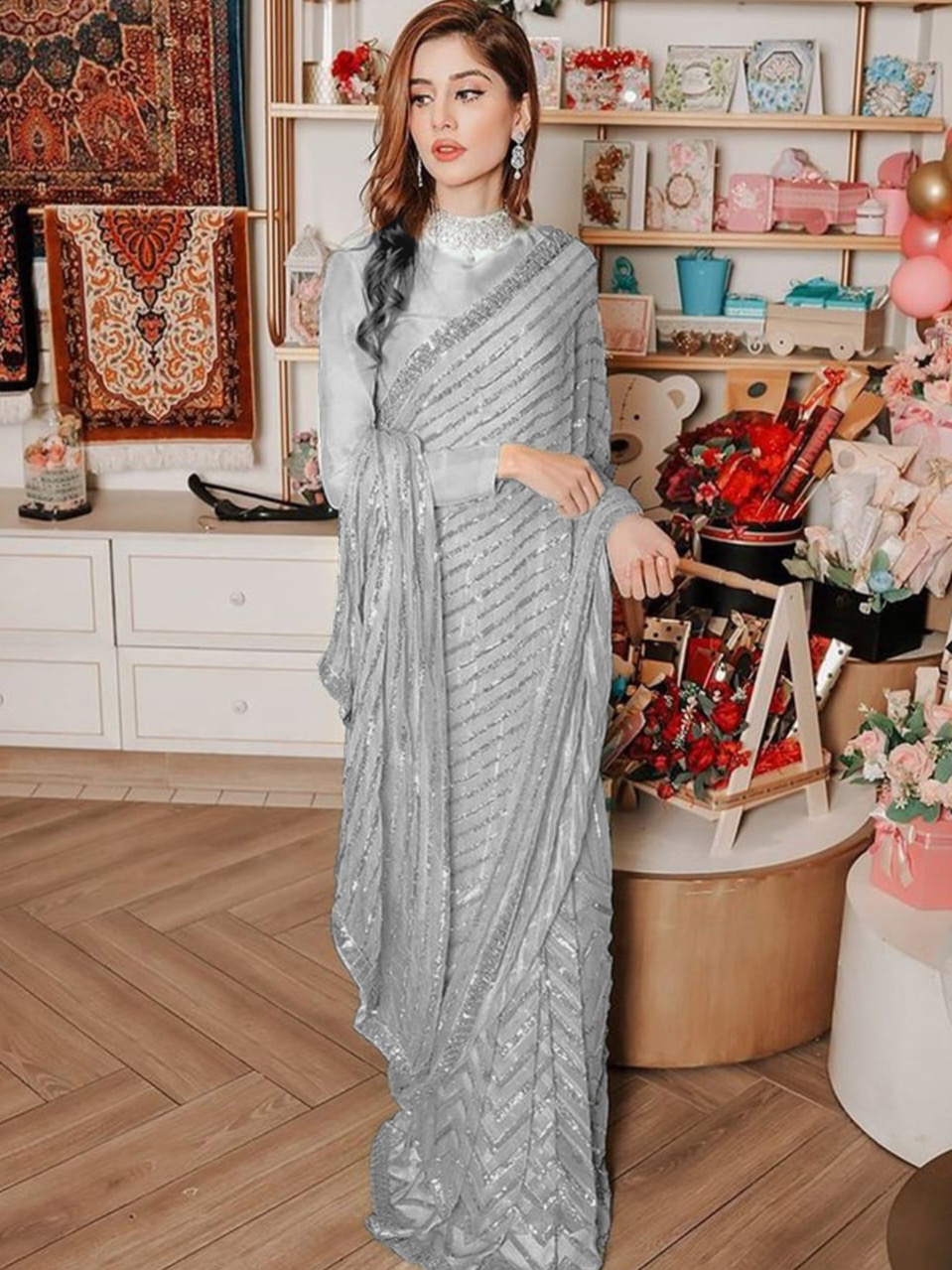 Grey Color Georgettte Heavy Sequins Embroidery Saree