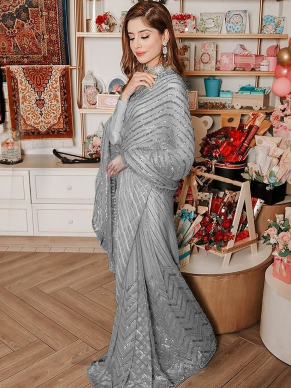 Grey Color Georgettte Heavy Sequins Embroidery Saree