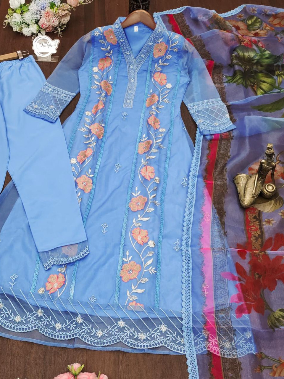 Blue Light Color Anarkali Top with Digital Print Organza Dupatta & Pant