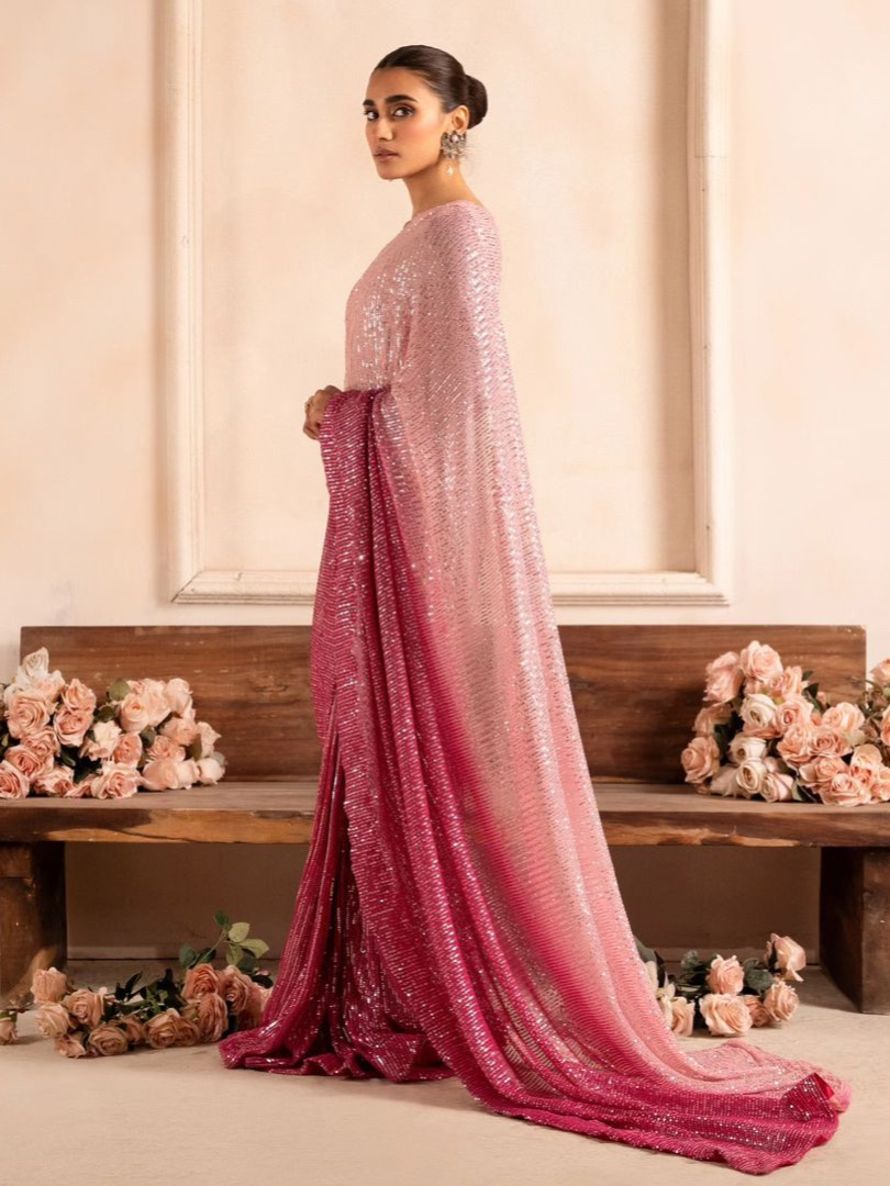 Double Pink Color Padding Georgette Heavy 3MM Sequins Embroidery Work Saree