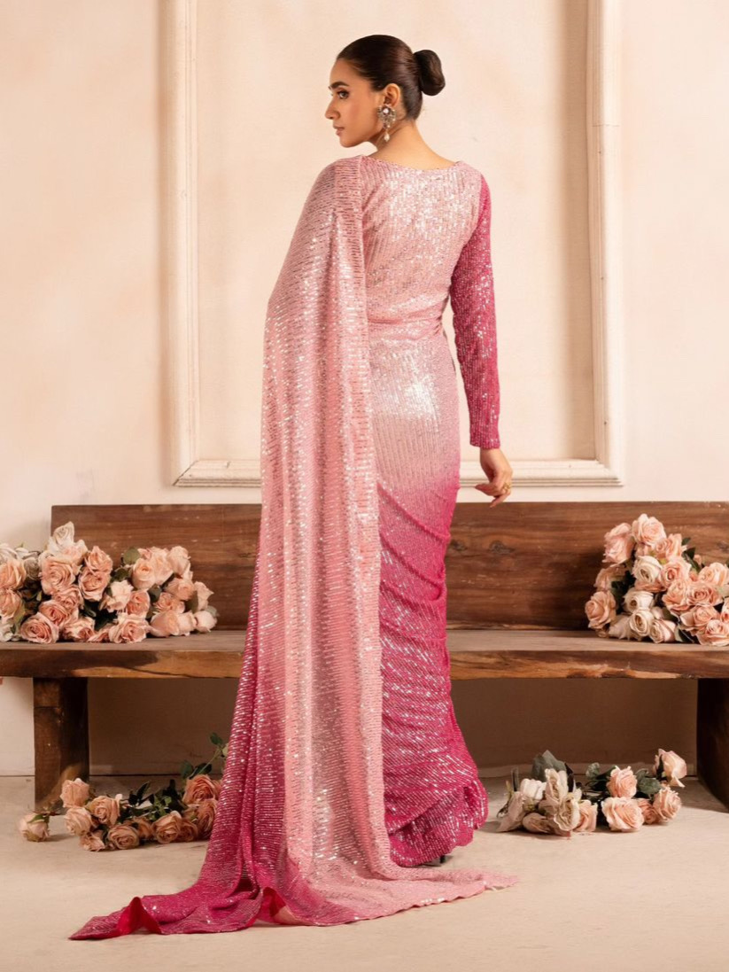 Double Pink Color Padding Georgette Heavy 3MM Sequins Embroidery Work Saree