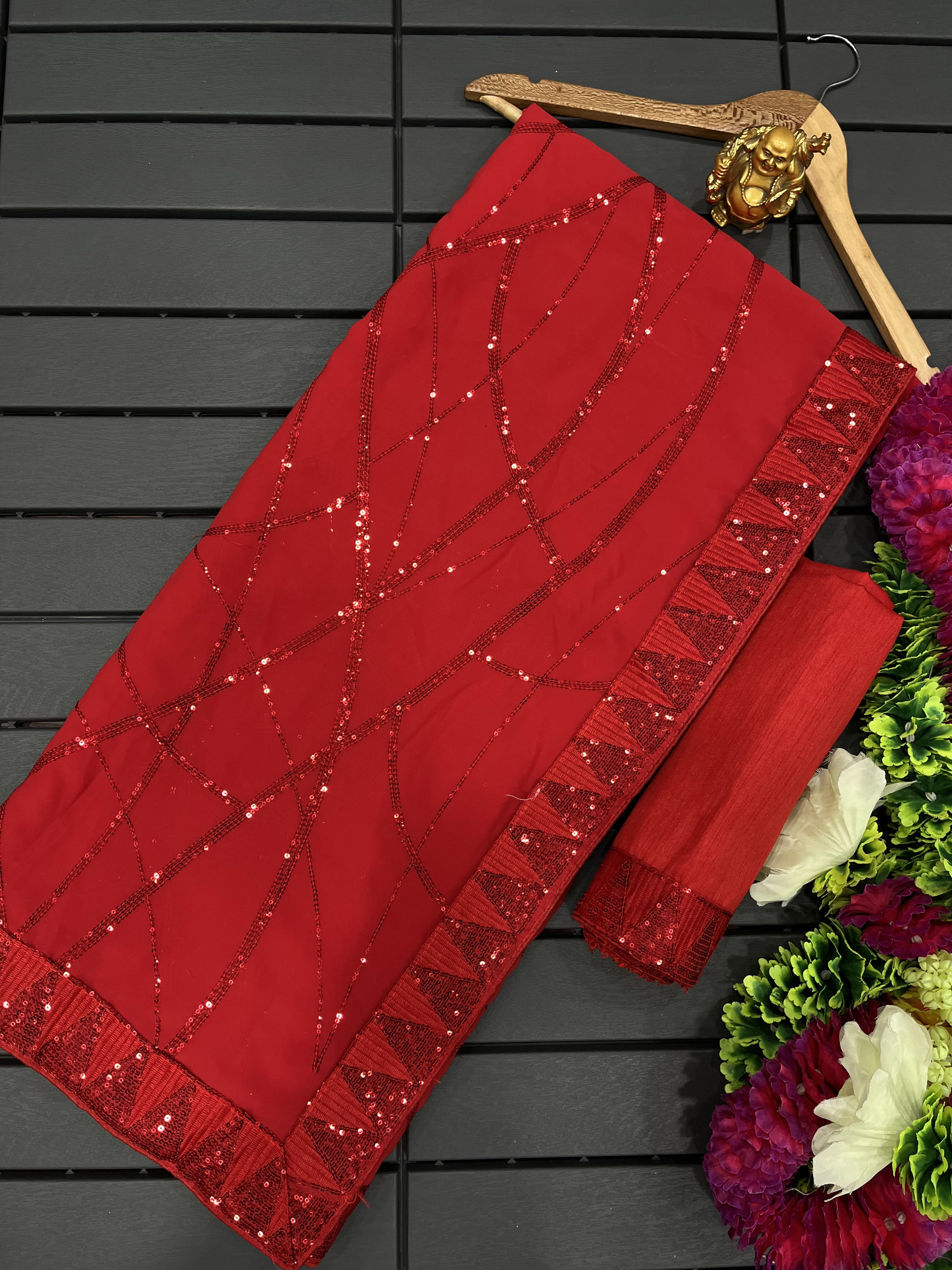 Red Color Heavy Georgette 3MM Sequins Embroidery Saree