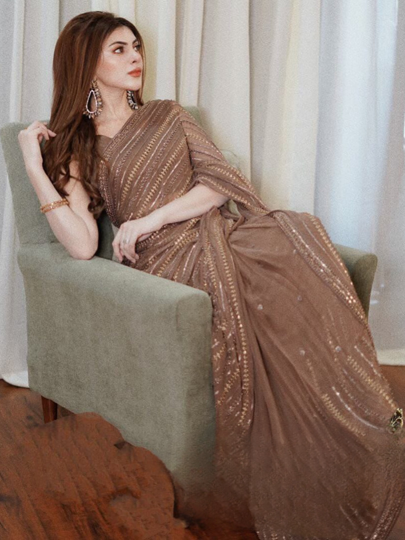 Brown Color Heavy Georgette Heavy Sequin Embroidery Work Saree