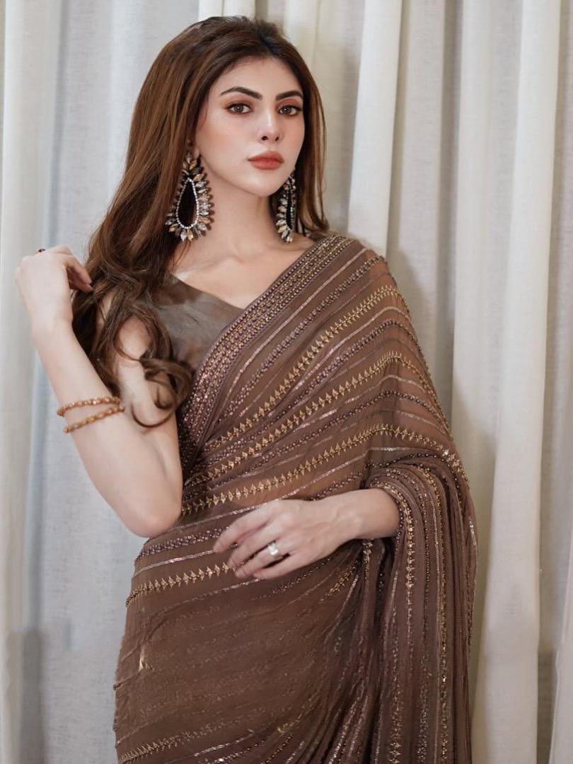 Brown Color Heavy Georgette Heavy Sequin Embroidery Work Saree