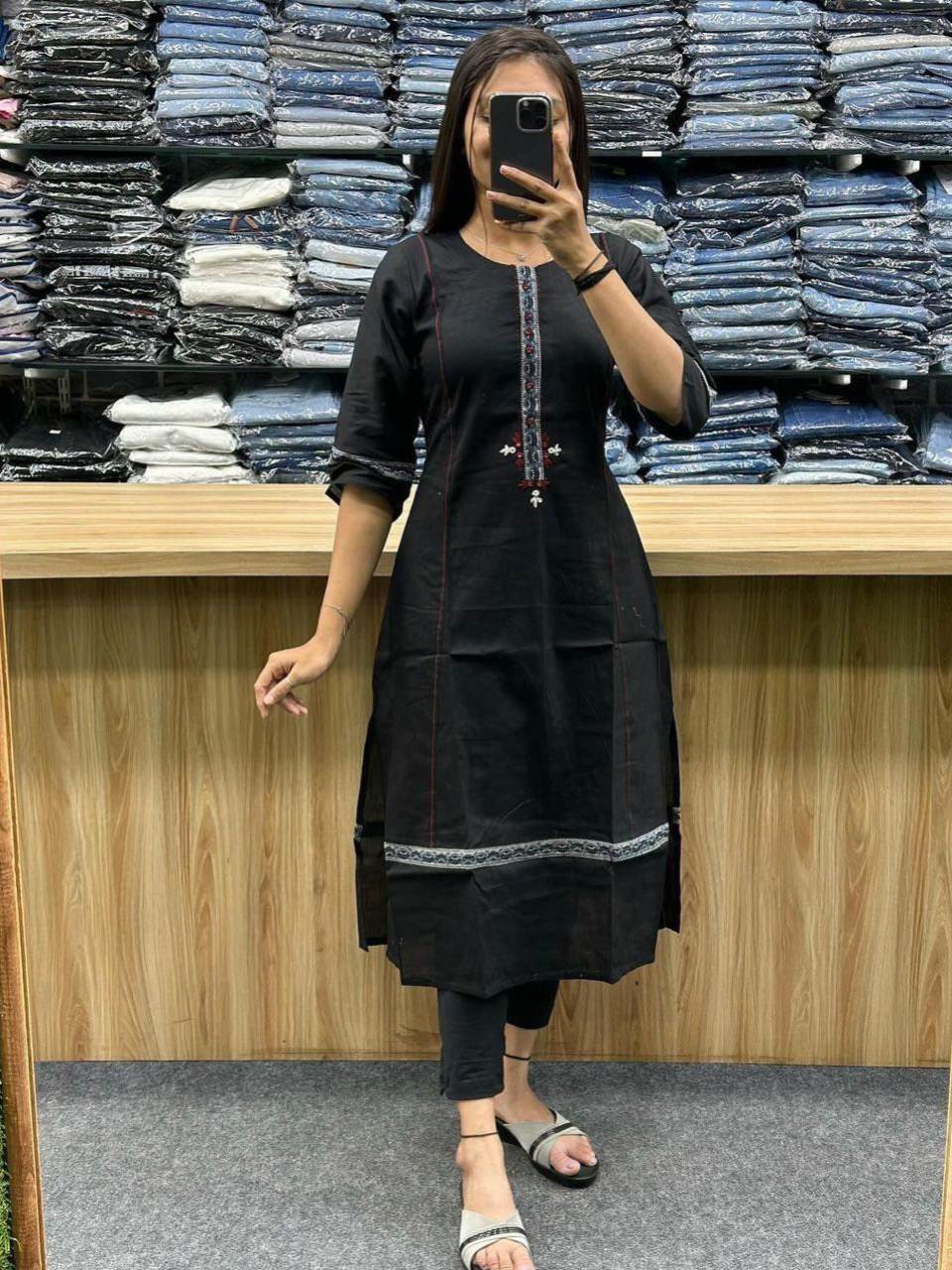 Black Color Premium Cotton Slub Kurti Yoke Design With Embroidery Work 