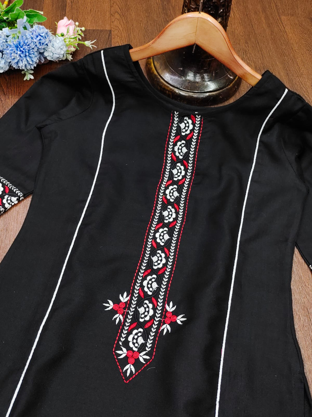 Black Color Premium Cotton Slub Kurti Yoke Design With Embroidery Work 