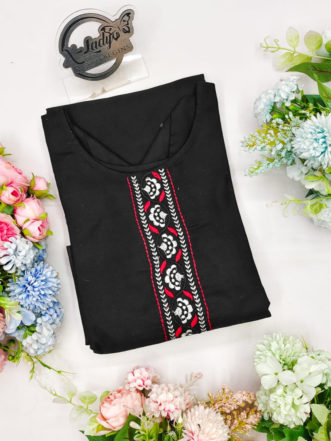 Black Color Premium Cotton Slub Kurti Yoke Design With Embroidery Work 