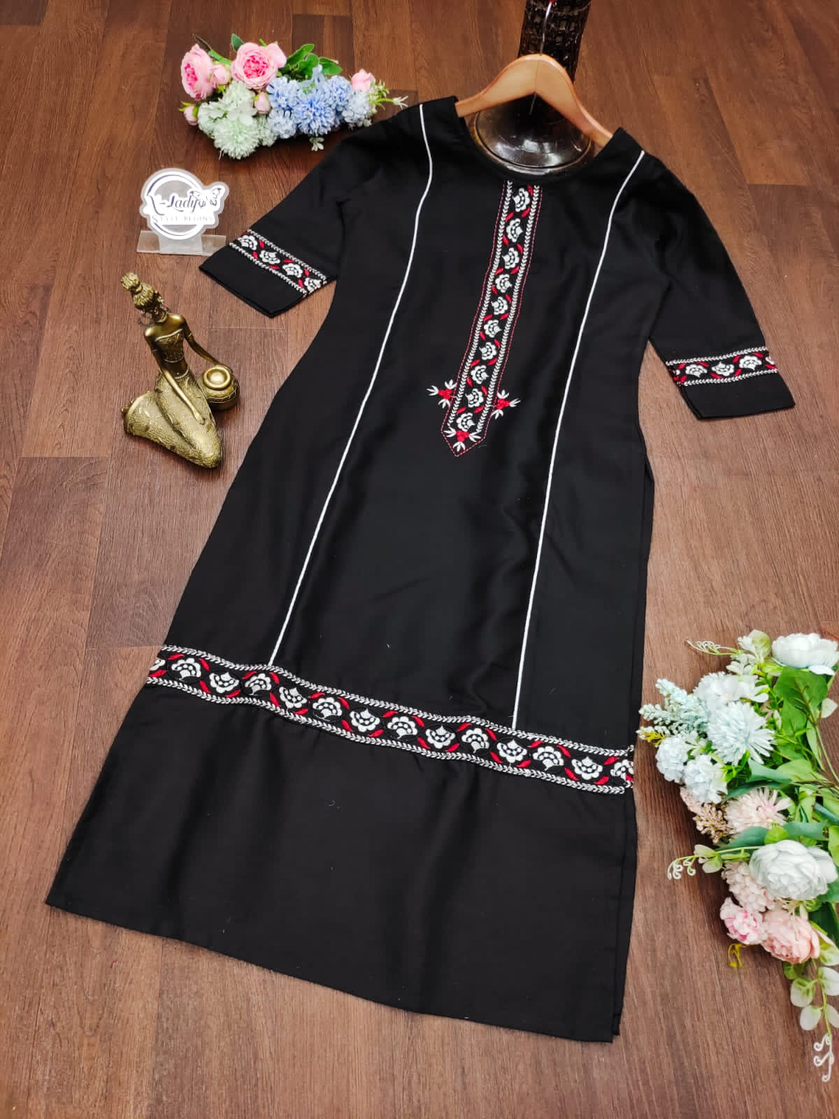 Black Color Premium Cotton Slub Kurti Yoke Design With Embroidery Work 