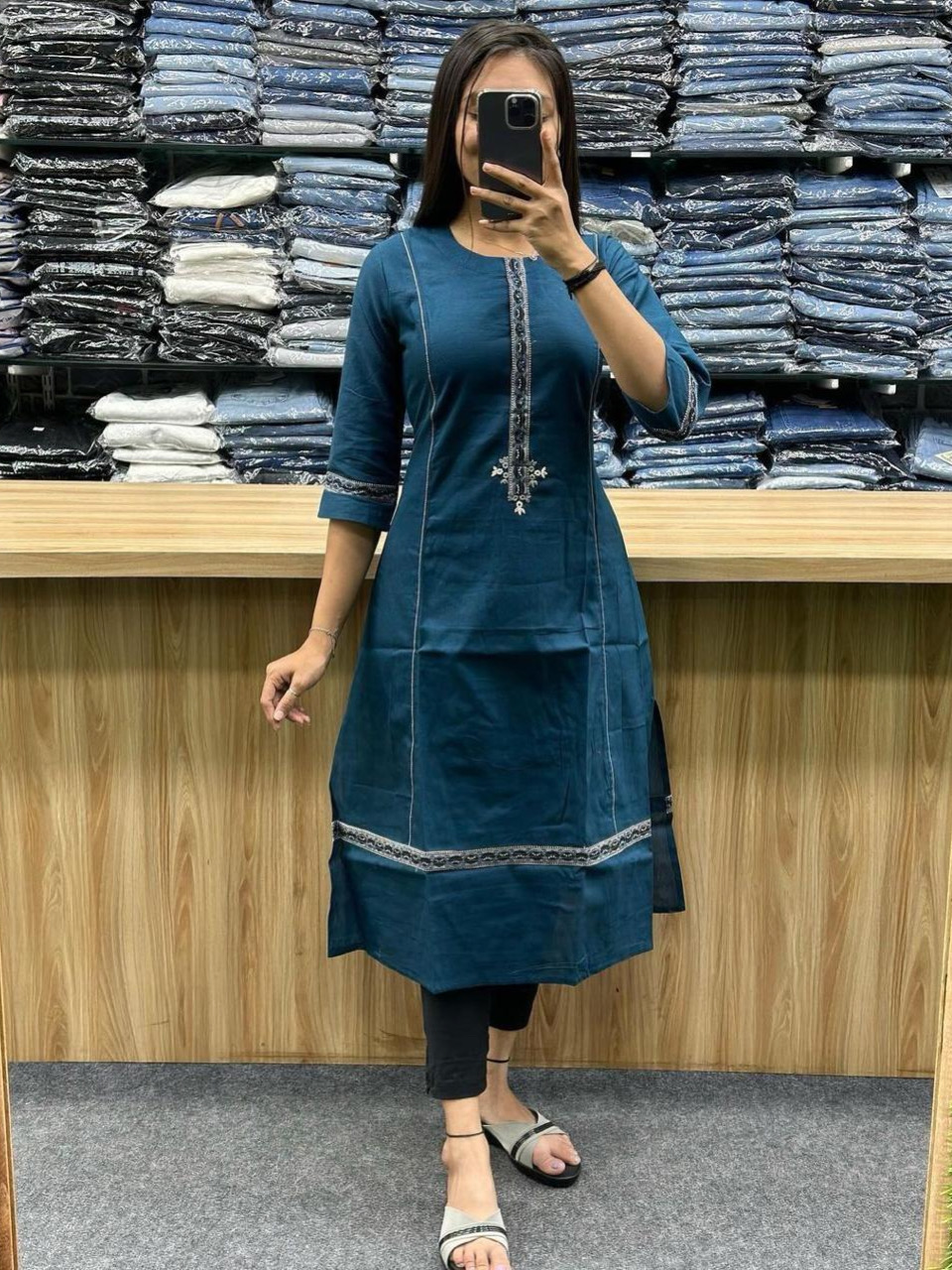 Blue Color Premium Cotton Slub Kurti Yoke Design With Embroidery Work 