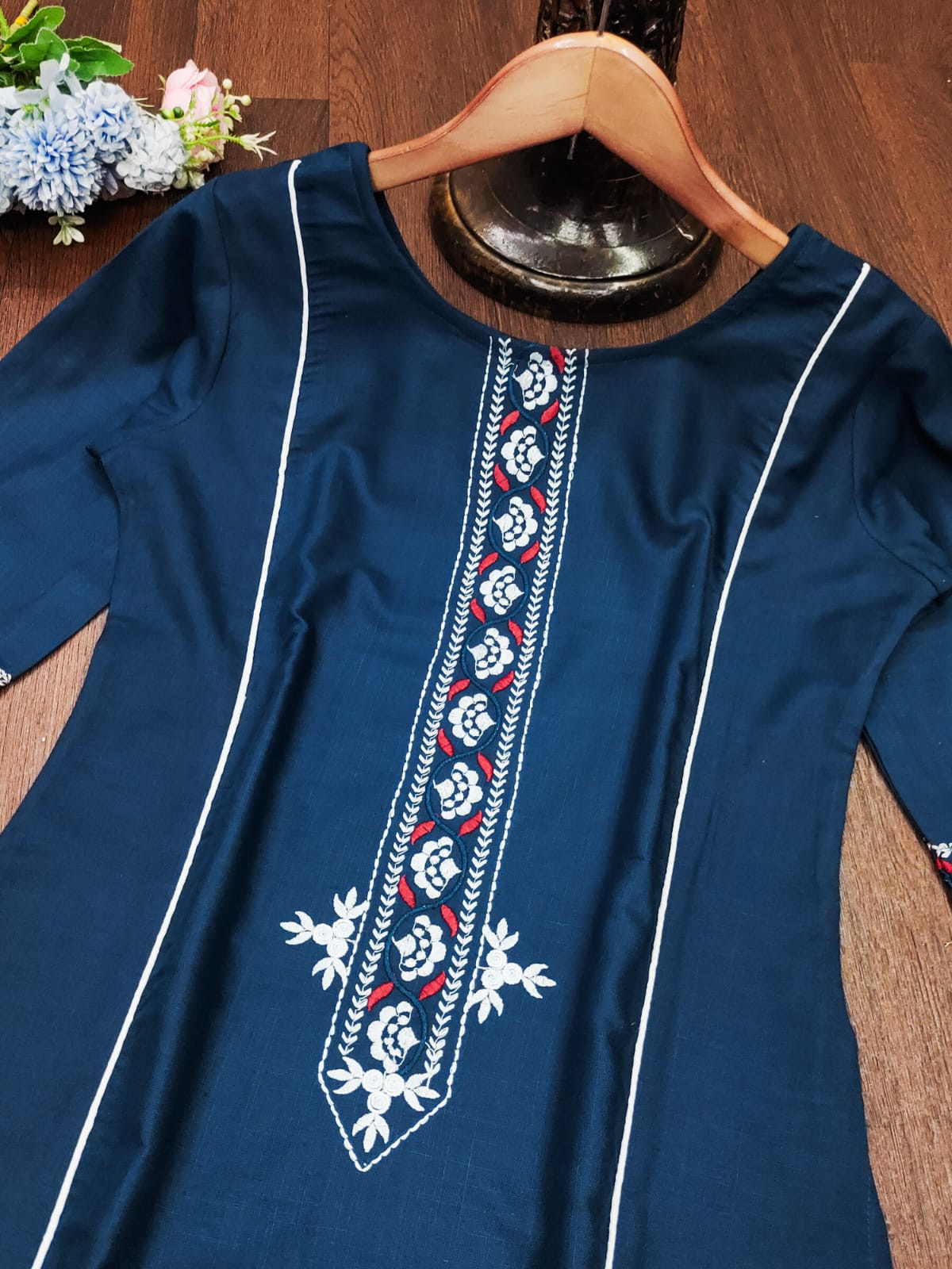 Blue Color Premium Cotton Slub Kurti Yoke Design With Embroidery Work 