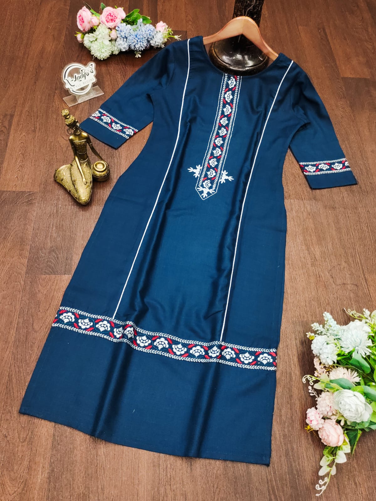 Blue Color Premium Cotton Slub Kurti Yoke Design With Embroidery Work 