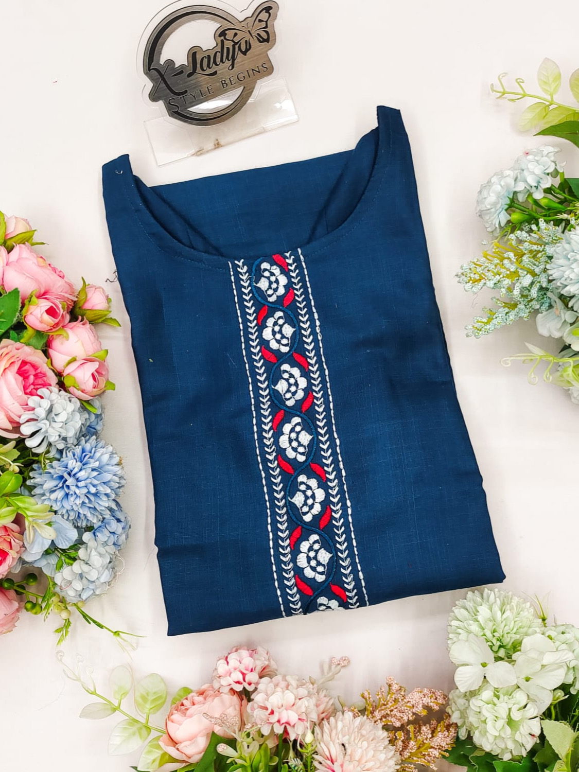 Blue Color Premium Cotton Slub Kurti Yoke Design With Embroidery Work 