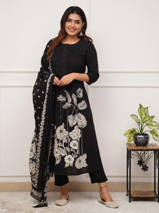 Black Color Pure MulMul Cotton Kurti Self Print With Pant & Printed Dupatta