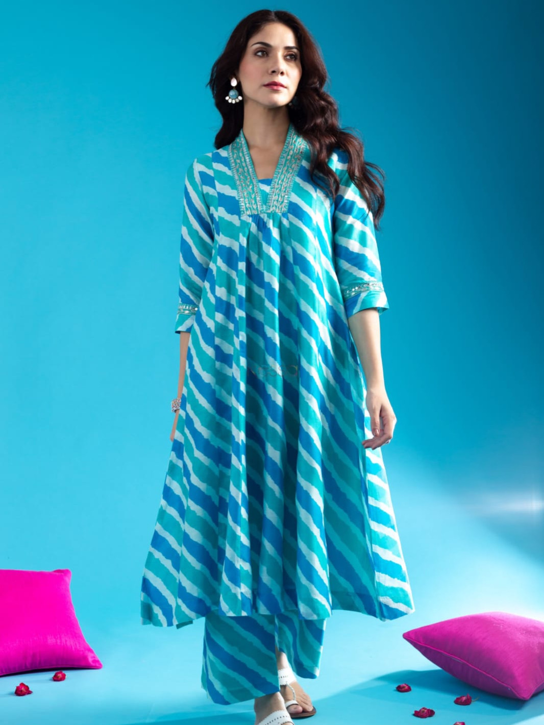 Blue Color Lehriya Combination Cotton Anarkali Kurta Pant With Neck Embroidery Work