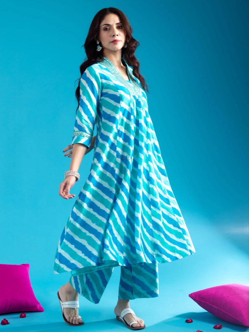 Blue Color Lehriya Combination Cotton Anarkali Kurta Pant With Neck Embroidery Work