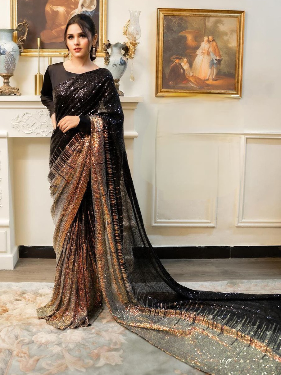 Black Color Heavy Georgette Dual Sequins 3MM & 5MM Work Saree