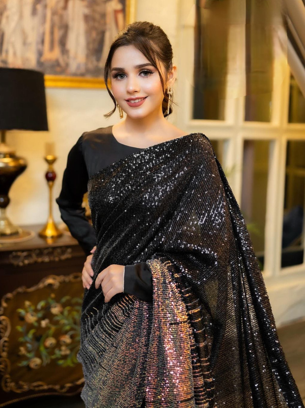 Black Color Heavy Georgette Dual Sequins 3MM & 5MM Work Saree