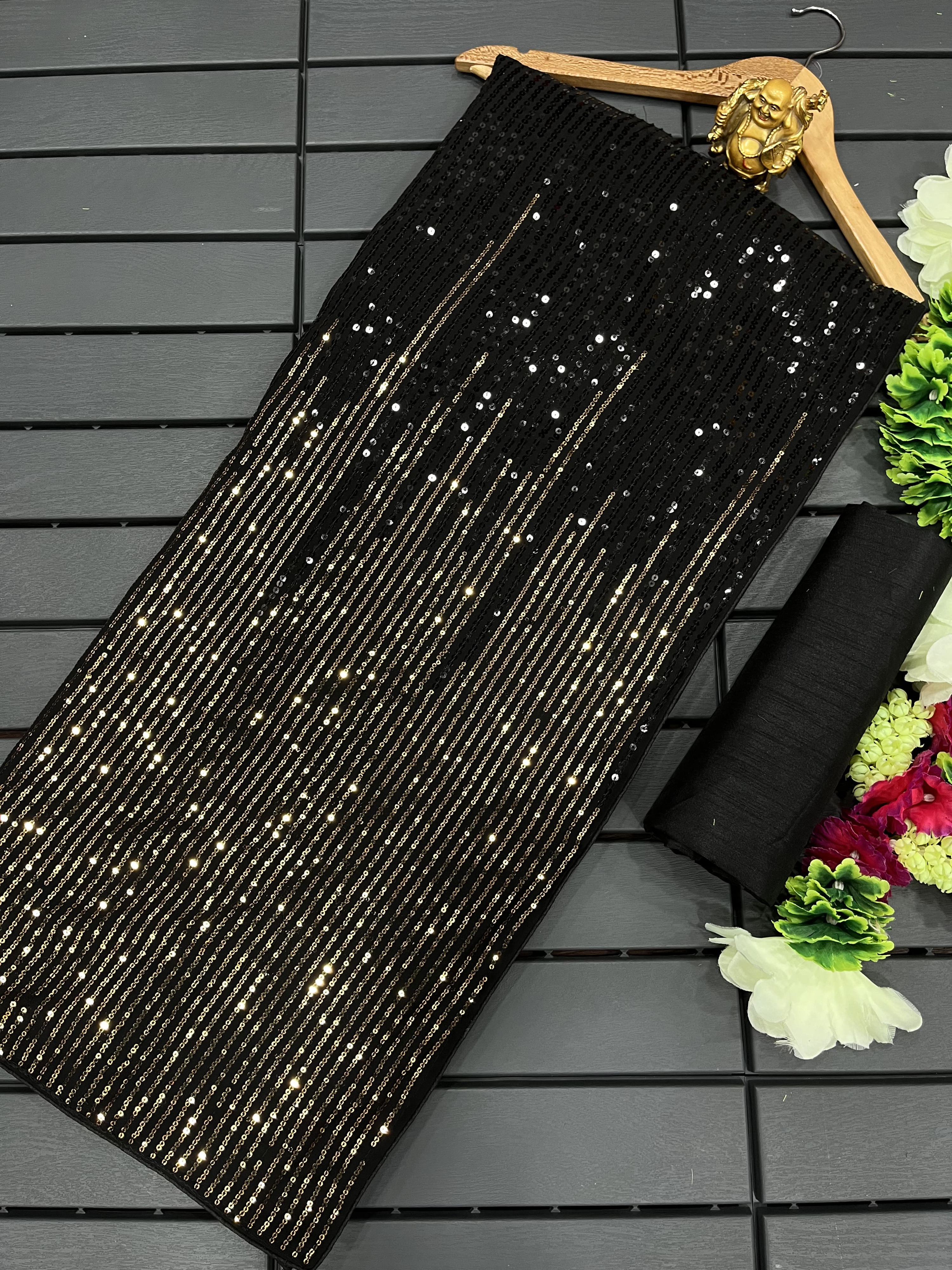 Black Color Heavy Georgette Dual Sequins 3MM & 5MM Work Saree