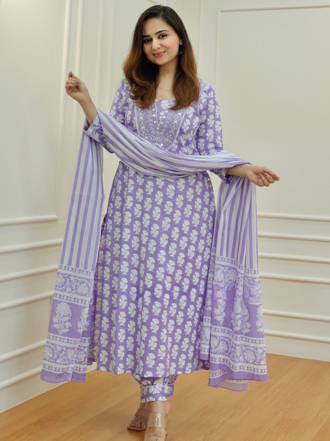 Lavender White Color Cotton Print Kurta with Afghani Pattern Pant with Dupatta