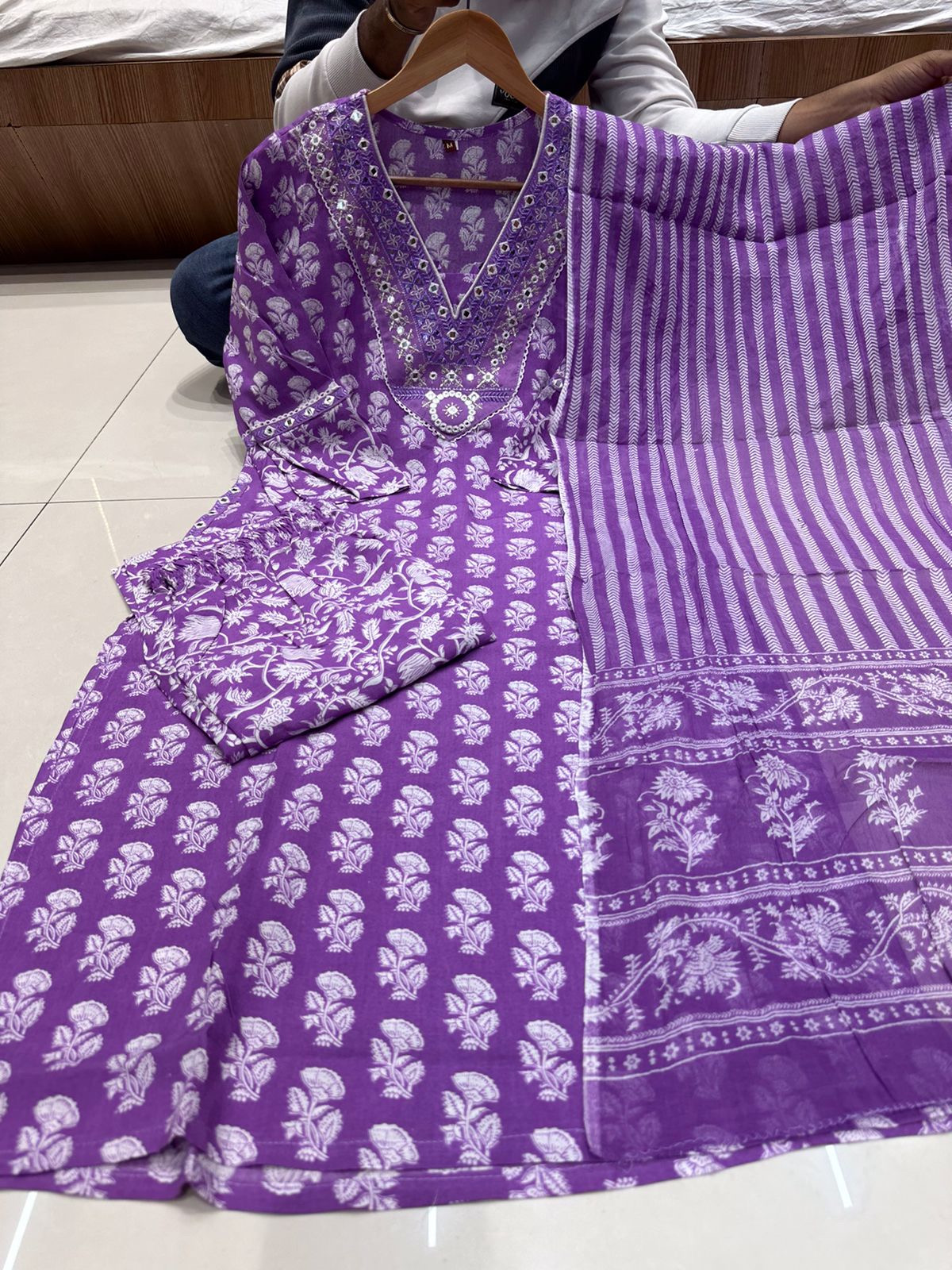 Lavender White Color Cotton Print Kurta with Afghani Pattern Pant with Dupatta