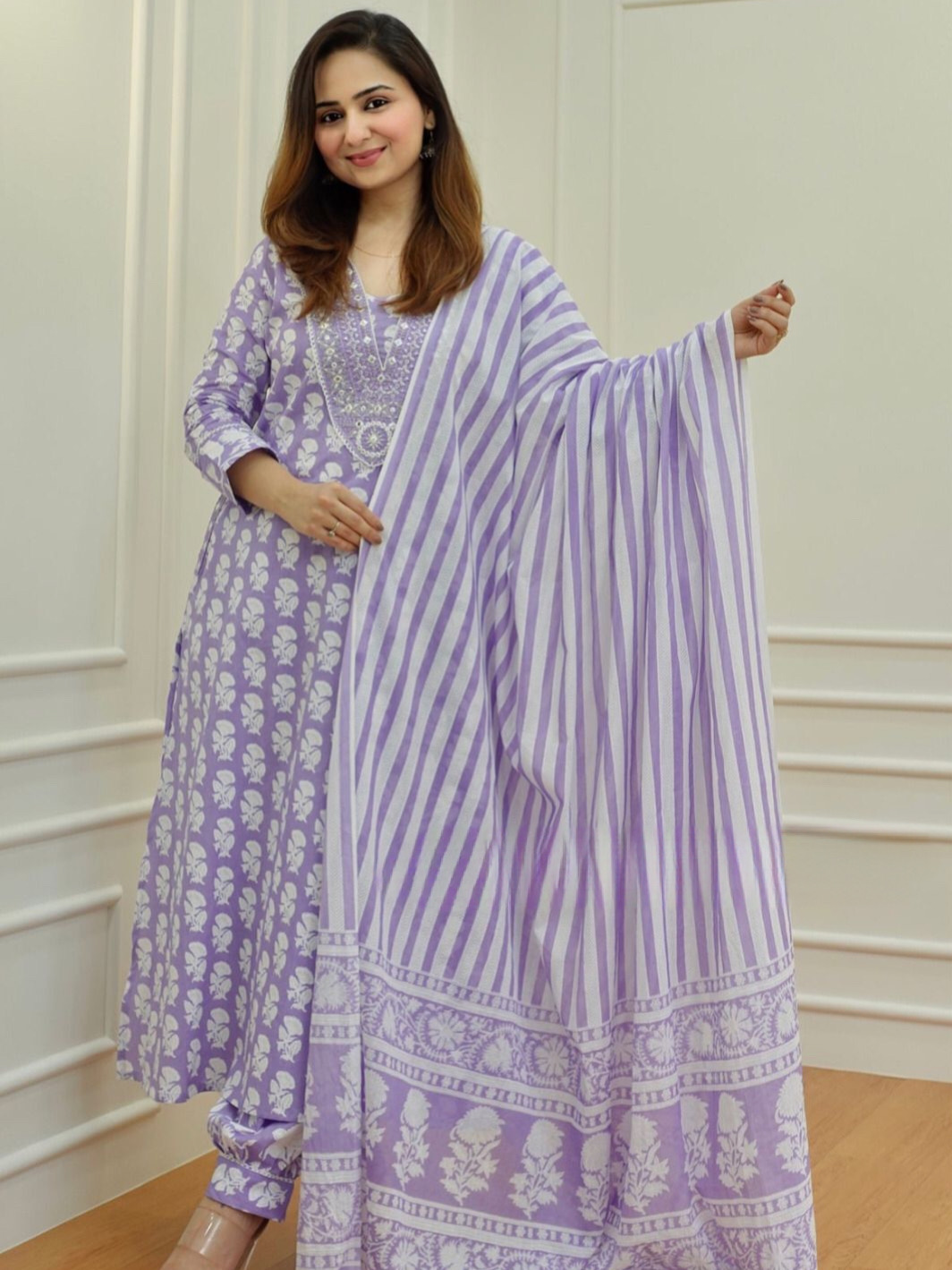 Lavender White Color Cotton Print Kurta with Afghani Pattern Pant with Dupatta