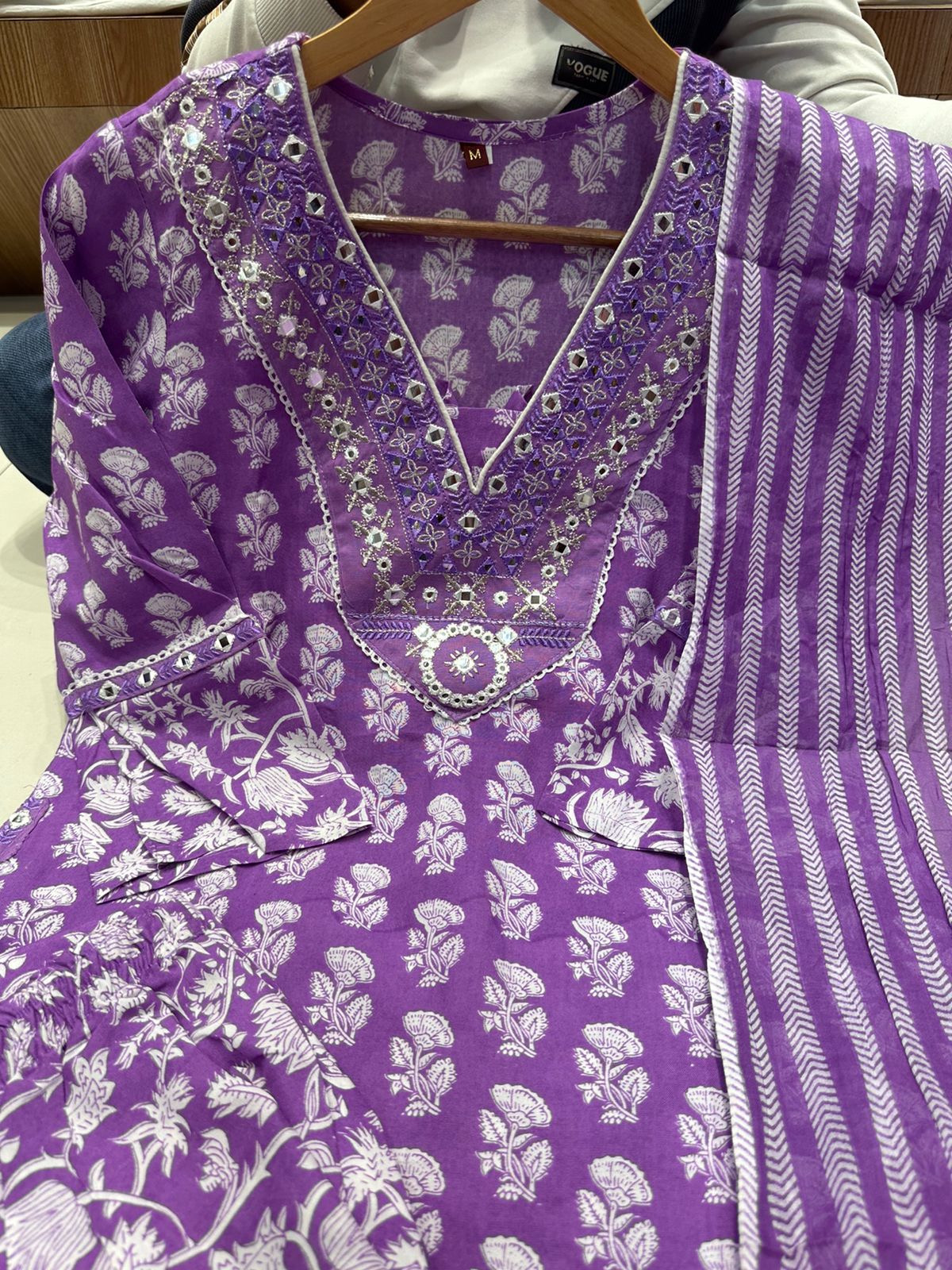 Lavender White Color Cotton Print Kurta with Afghani Pattern Pant with Dupatta