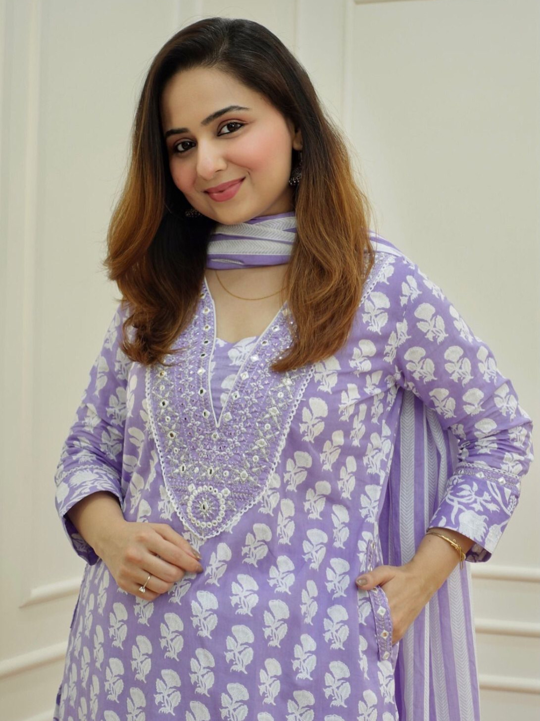 Lavender White Color Cotton Print Kurta with Afghani Pattern Pant with Dupatta