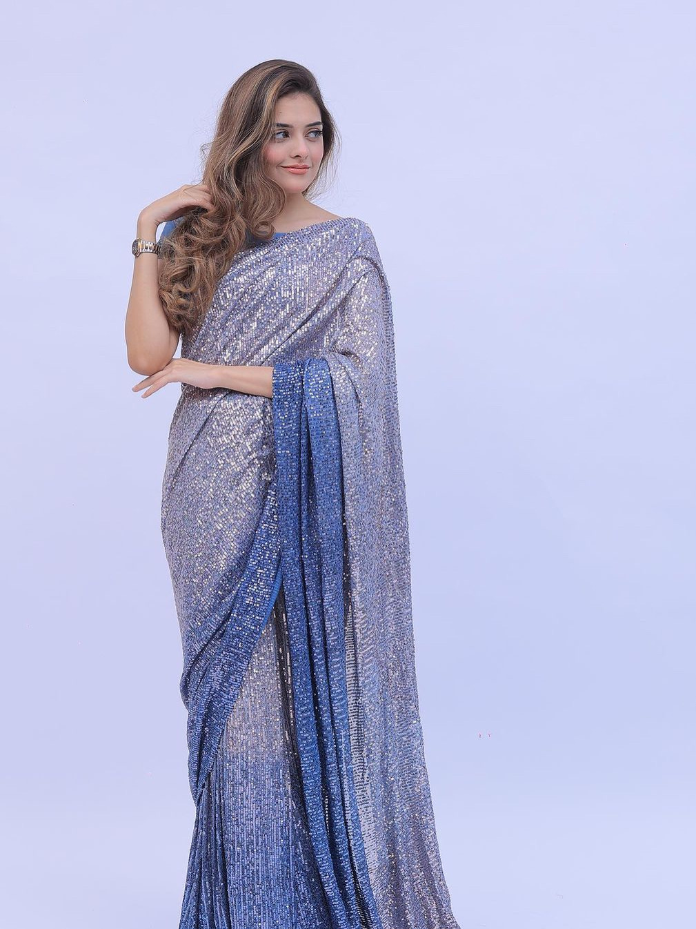 Grey Blue Color Heavy Georgette Digital Print Saree With Heavy 3MM Sequence Embroidery Work