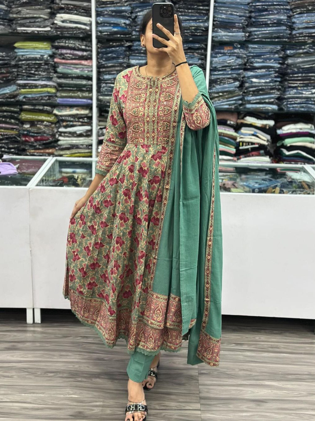 Pista Green Color Anarkali Kurta Set Print Elegant Flaired Suit