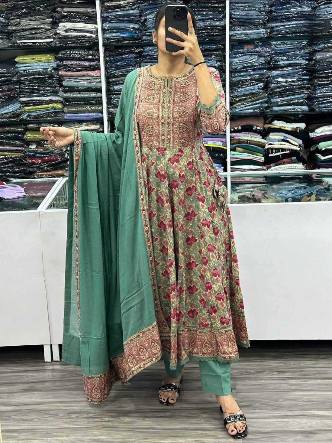 Pista Green Color Anarkali Kurta Set Print Elegant Flaired Suit