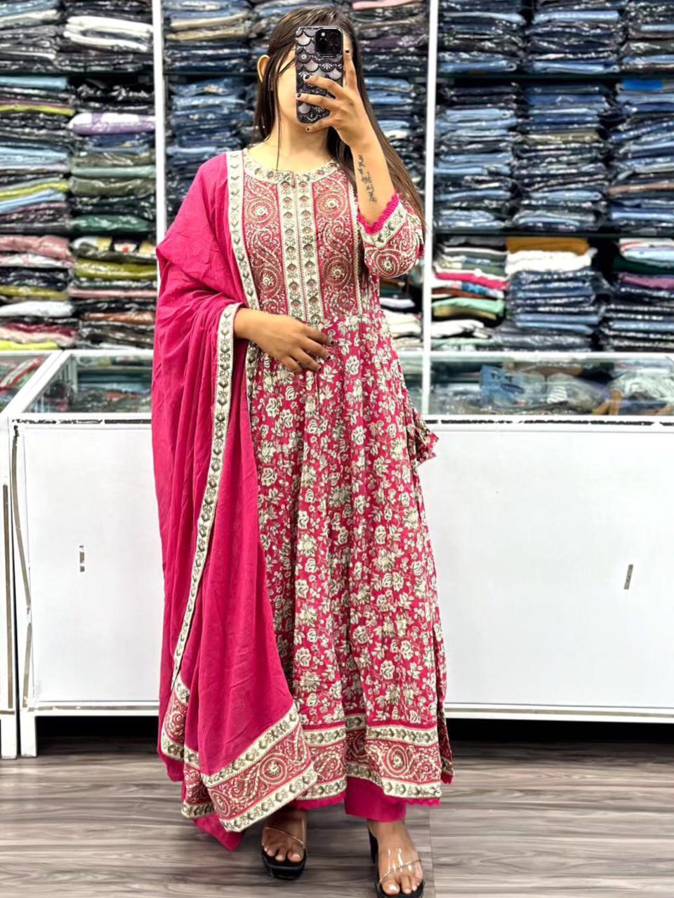 Pink Color Anarkali Kurta With Elegant Flaired Cotton Print 3Pc Set