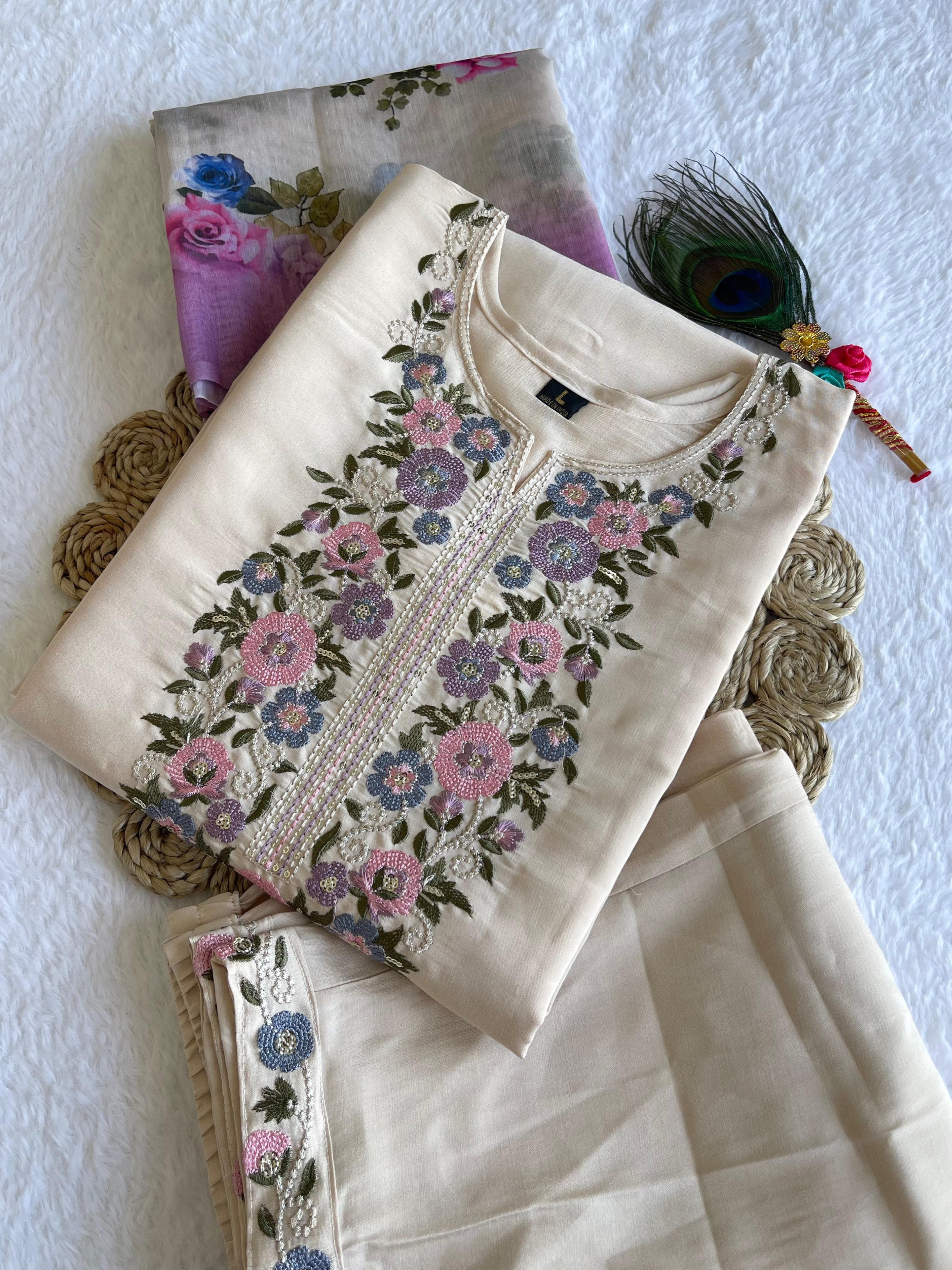 Cream Beighe Color Roman Silk Embroidery Top Bottom With Chanderi Print Dupatta