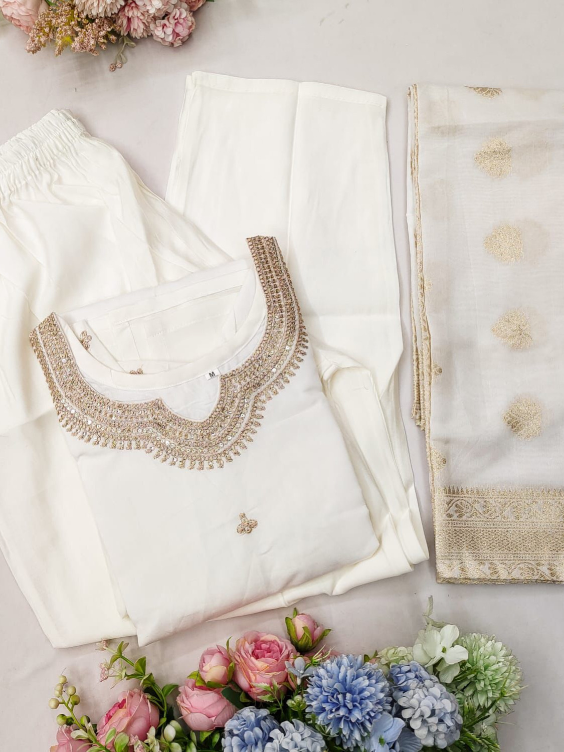 White Color Heavy Cotton Roman Silk Zari Weaving Top Bottom With Jacquard Chanderi Dupatta