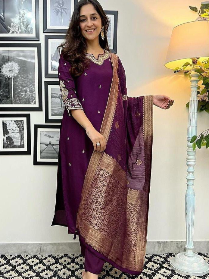 Wine Color Heavy Cotton Roman Silk Zari Weaving Top Bottom With Jacquard Chanderi Dupatta