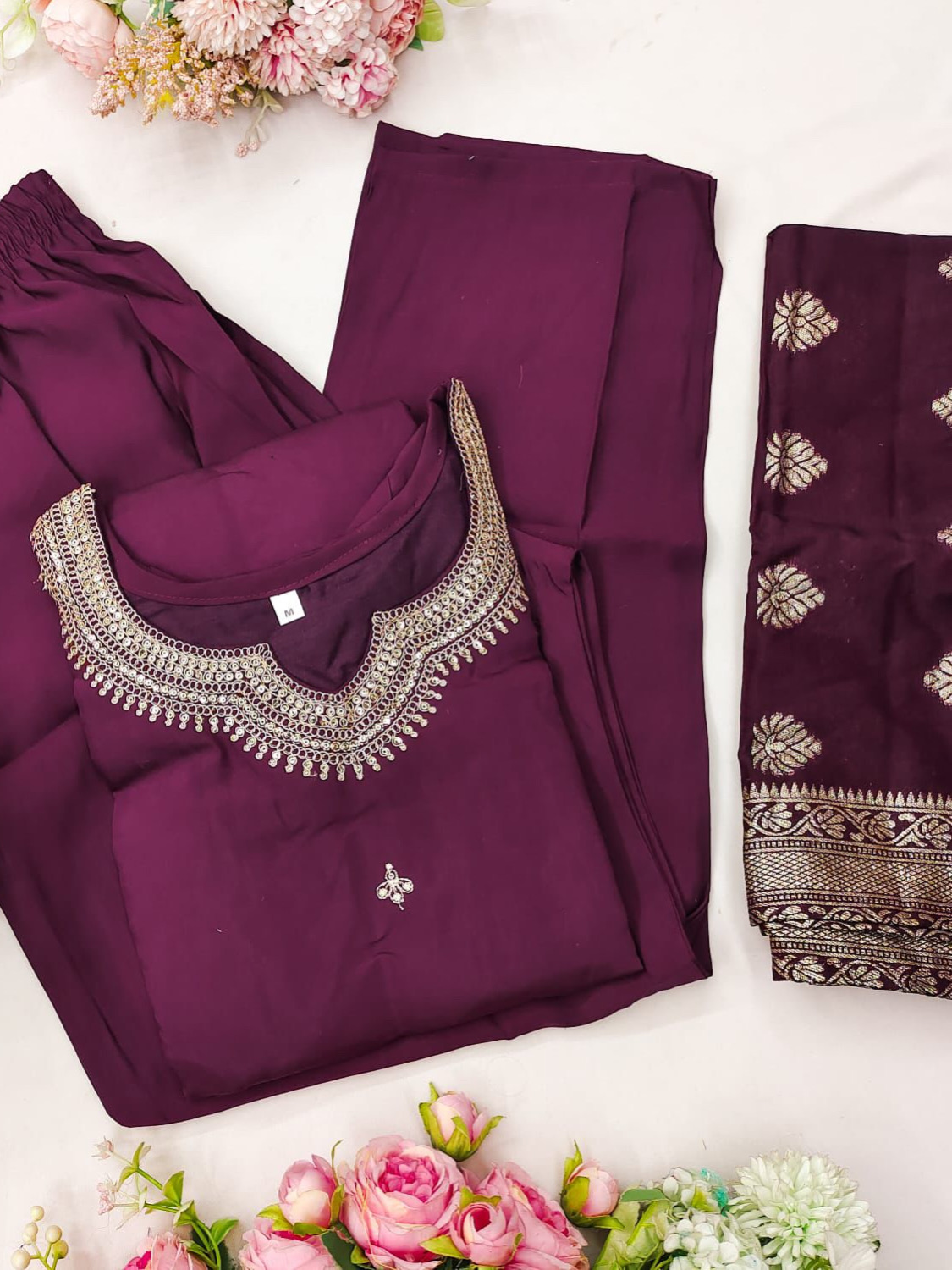 Wine Color Heavy Cotton Roman Silk Zari Weaving Top Bottom With Jacquard Chanderi Dupatta