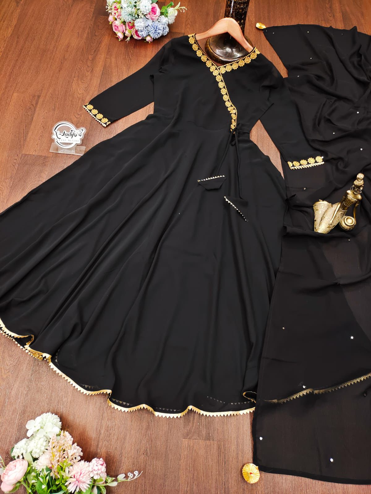 Black Solid Color Georgette Full Lining With Embroidery Work & Dupatta Set