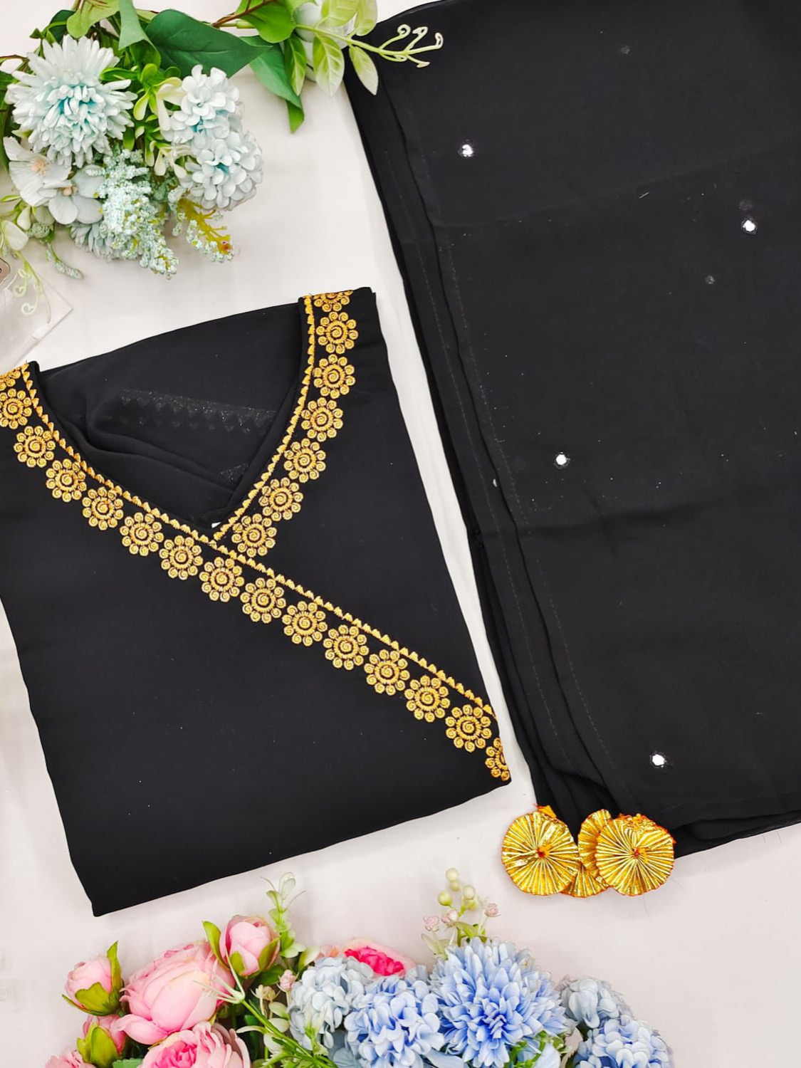 Black Solid Color Georgette Full Lining With Embroidery Work & Dupatta Set