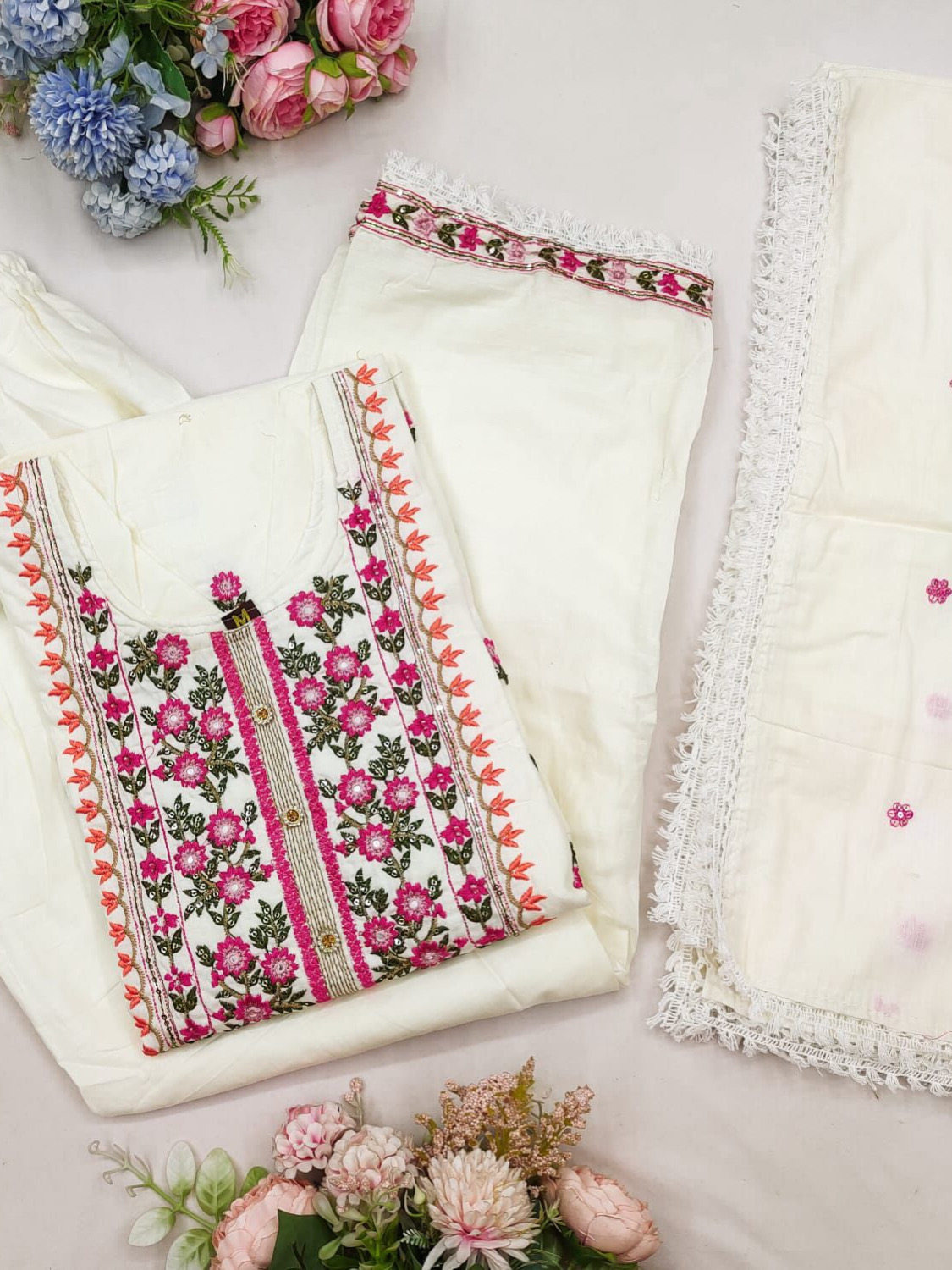 White Multi Color Mal Mal Cotton Sequence Embroidery Work With Pant & Dupatta