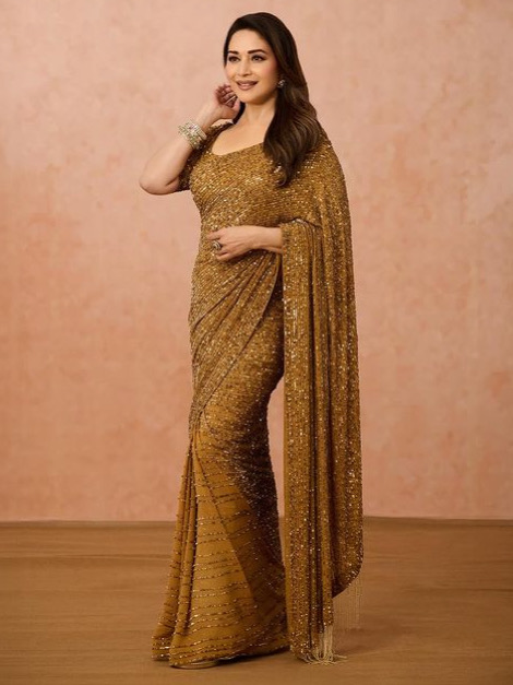 Gold Color Heavy Georgette 5MM Sequins Embroidery Saree Beautiful Zalar Attached On Pallu