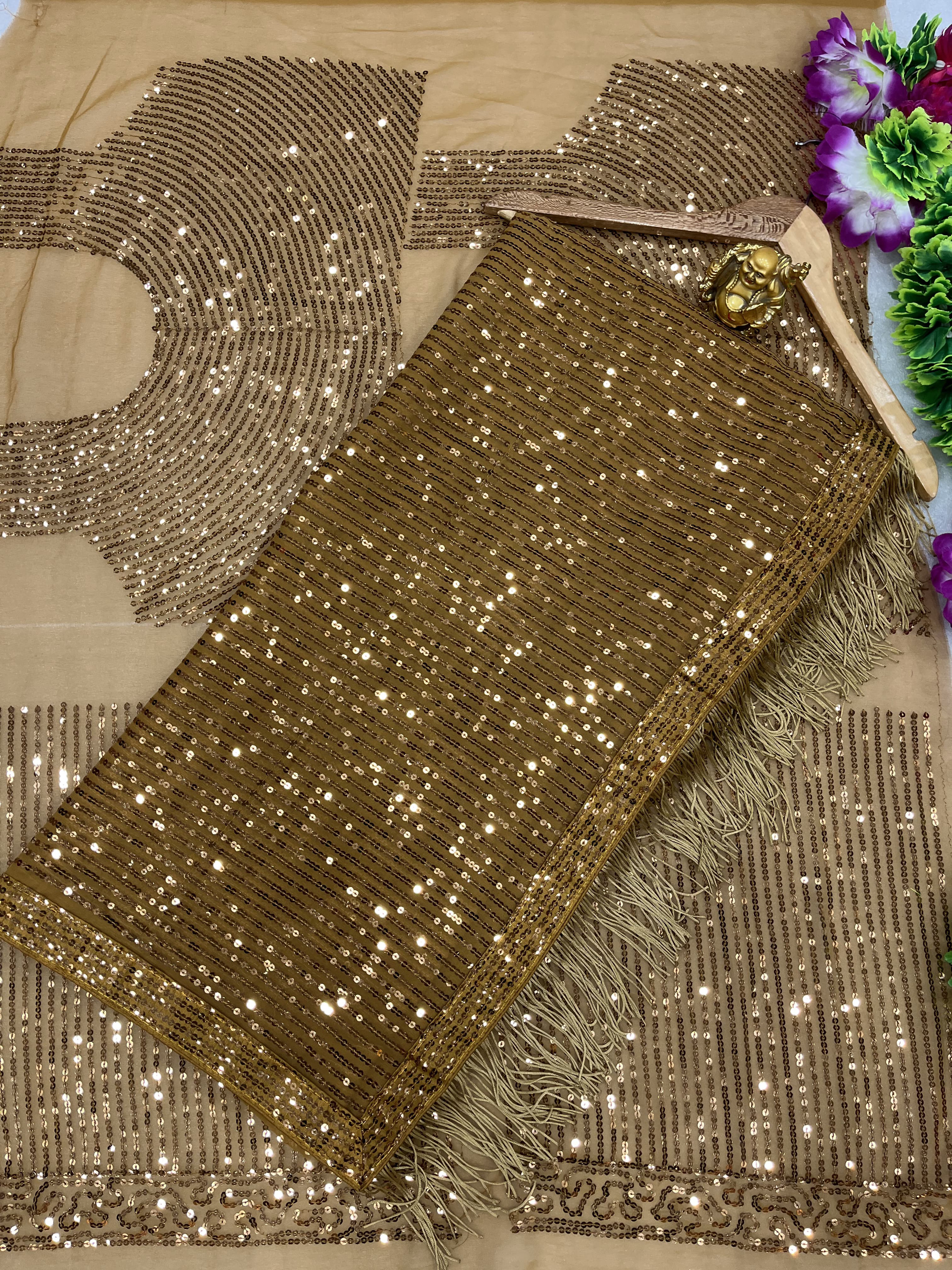 Gold Color Heavy Georgette 5MM Sequins Embroidery Saree Beautiful Zalar Attached On Pallu