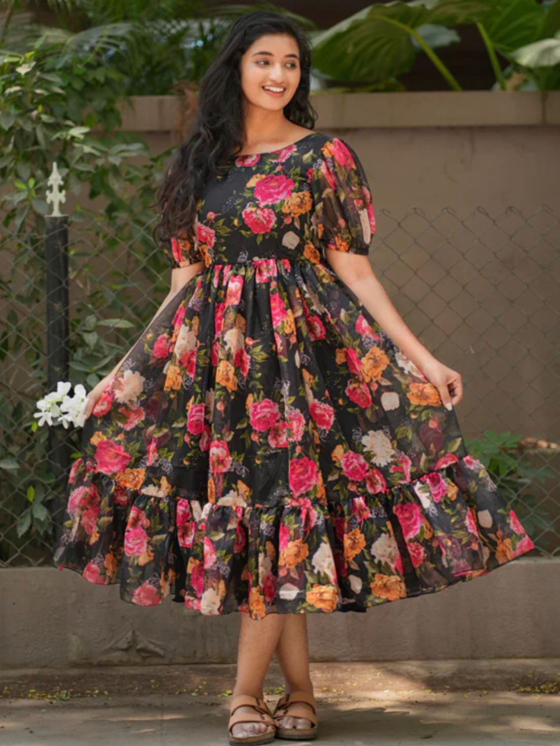 Black Color Floral Printed Georgette Maxi Gown 