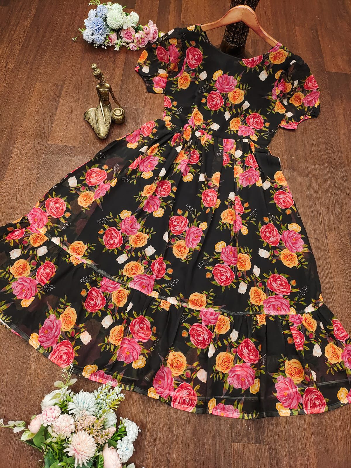 Black Color Floral Printed Georgette Maxi Gown 