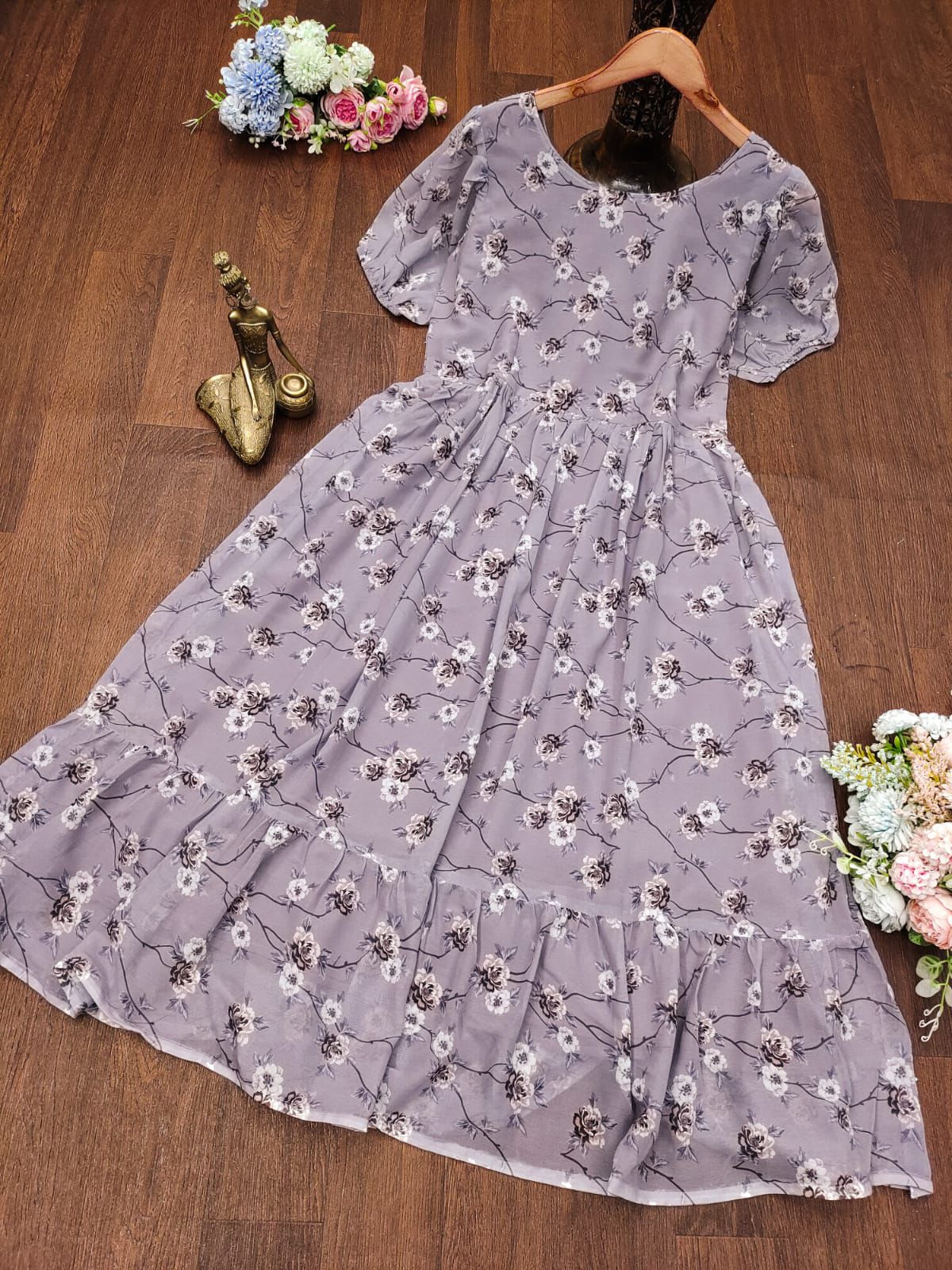 Grey Color Floral Printed Georgette Maxi Gown 