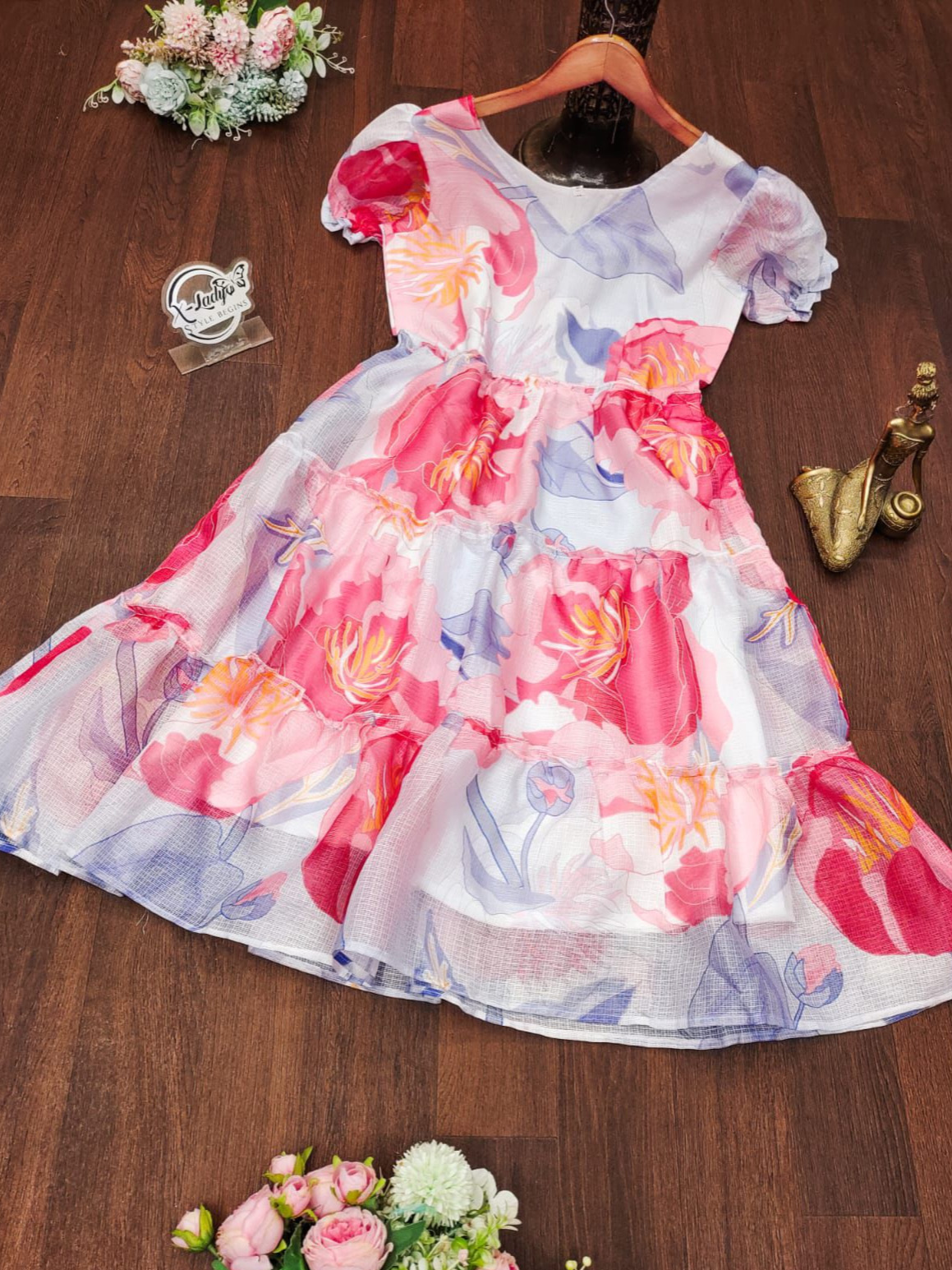 Pink White Color Combination Digital Print Kota Fabric Frock