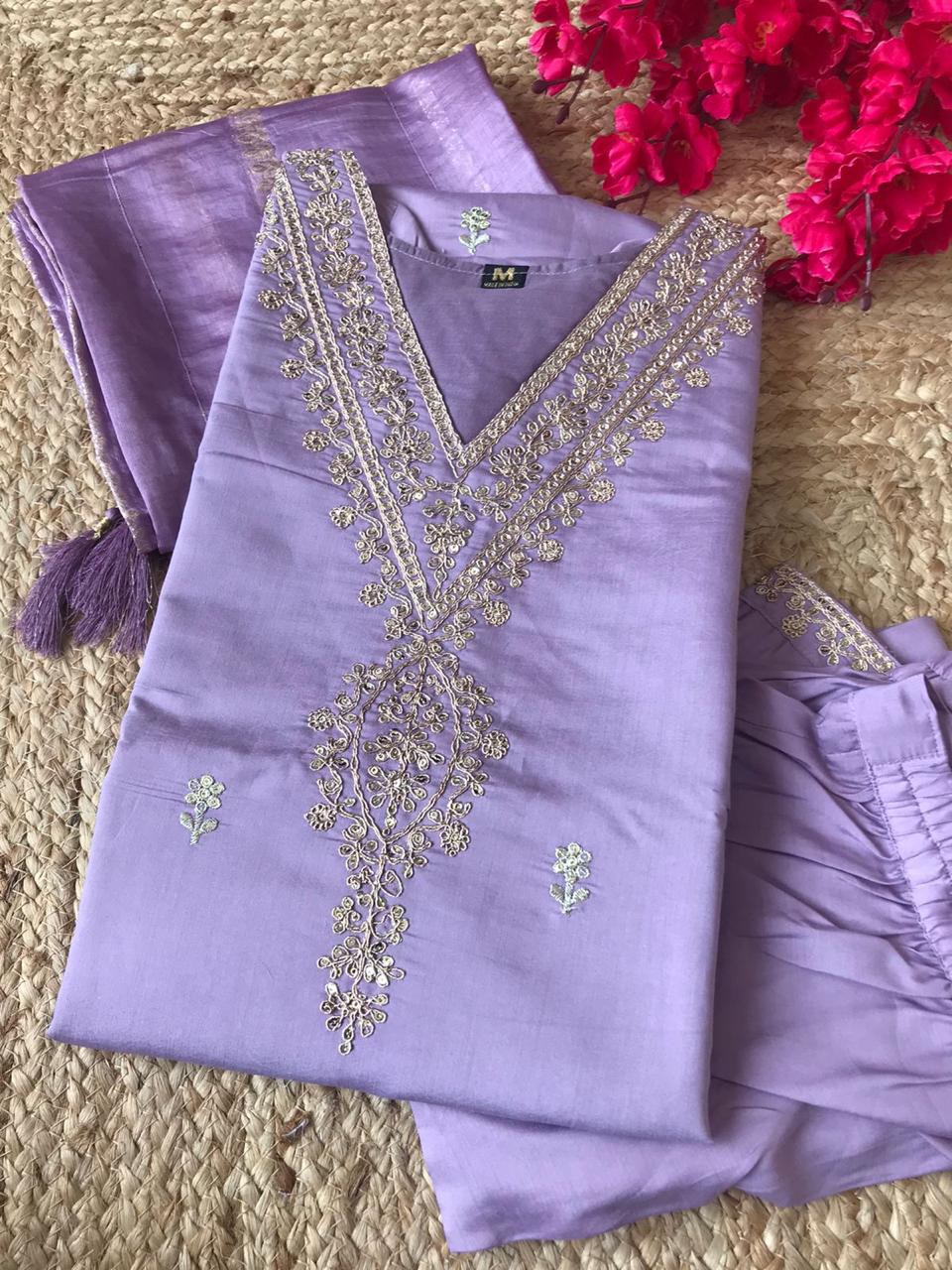 Purple Color Cotton Roman Silk Kurti Pant Dupatta Set With Embroidery