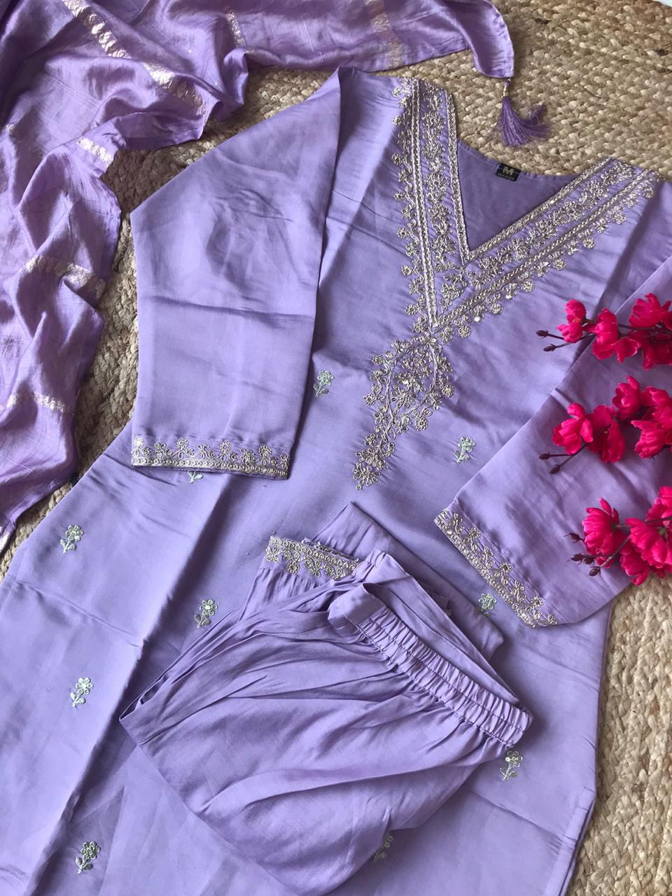 Purple Color Cotton Roman Silk Kurti Pant Dupatta Set With Embroidery