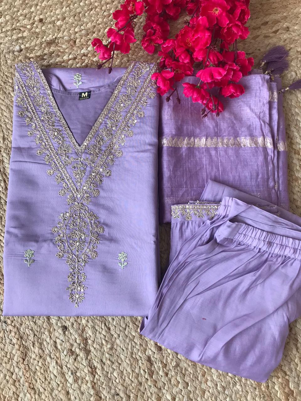 Purple Color Cotton Roman Silk Kurti Pant Dupatta Set With Embroidery