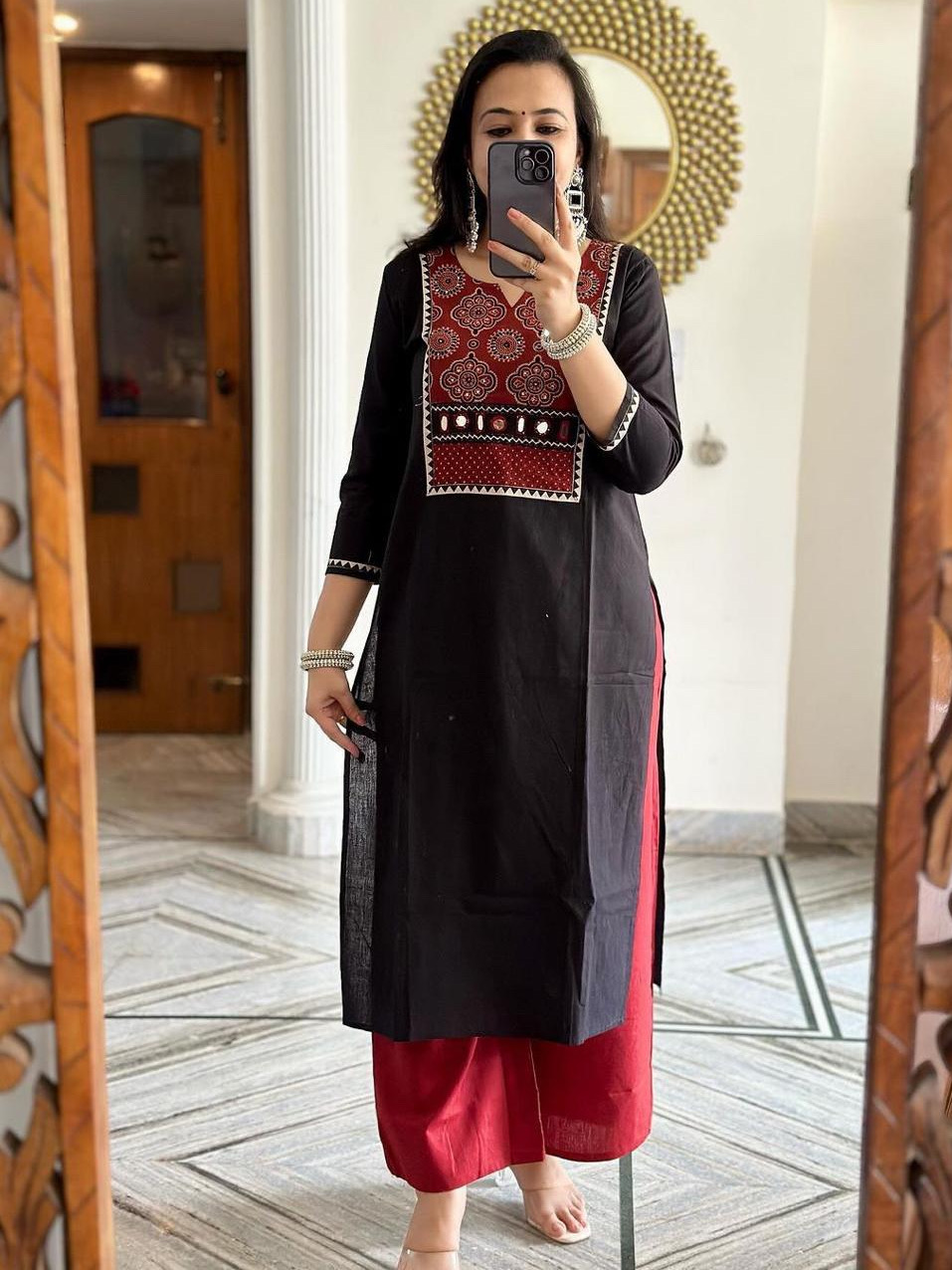 Black Mehrun Color Combination Rayon Handblock Print Tabla Kurta With Rayon Plazo